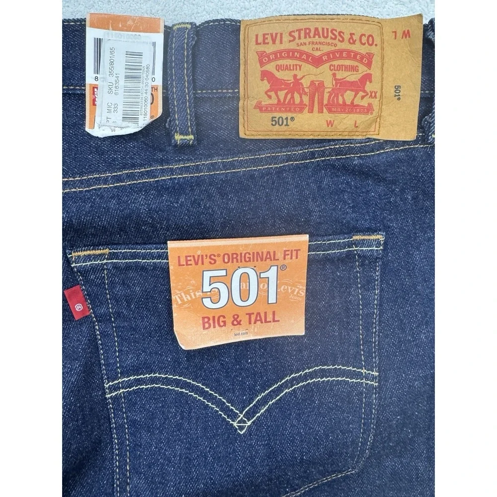 Levis 501 Jeans Men 44x30 Big Blue Straight Leg Button Fly Distressed Denim NWT